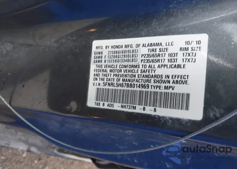 2011 Honda Odyssey Ex-L from USA, damaged, VIN 5FNRL5H67BB014969